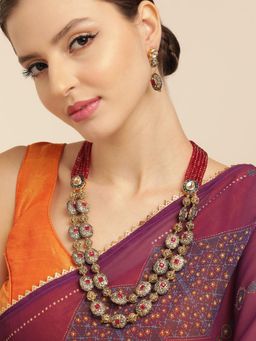 Gahan - Kundan AD Stud Golden Polish Red Zed Stone Long Layered Necklace with Earrings