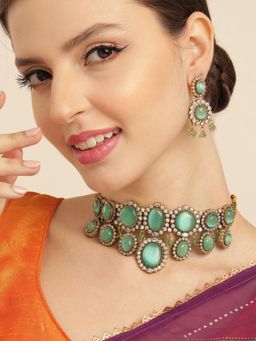 Gahan - AD and Stone Golden Tone Double Layered Choker Necklace with Earrings