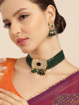 Gahan - Kundan Green Layered Golden Pendant Choker Necklace with Earrings
