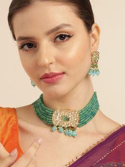 Gahan - Kundan Turquoise Layered Golden Pendant Choker Necklace with Earrings
