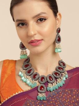 Gahan - Maroon AD & Kundan Tone Monalisa Handmade Premium Necklace with Earrings