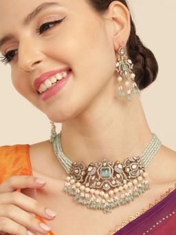 Gahan - Kundan & AD Studded Sky Blue Peacock Chokar Necklace with Earrings
