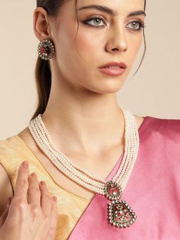 Gahan - Maroon Kundan Gold Tone Handmade Premium Kundan Pearl Long Necklace with Earrings