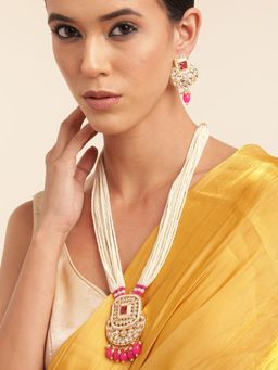 Gahan - Pink Pearl & Beads Long Handmade Layered Neckalce with Earrings