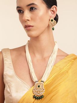 Gahan - Green Pearl & Beads Long Handmade Layered Neckalce with Earrings