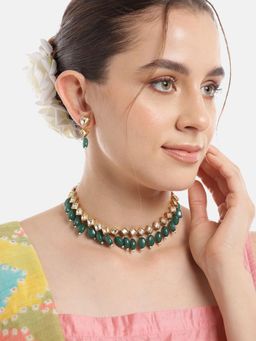 Gahan - Womens Green Kundan Pearl Necklace with Earrings
