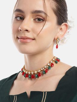Gahan - Womens Multi-Color Kundan Pearl Necklace with Earrings