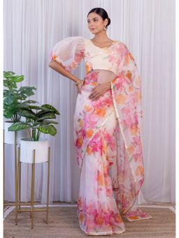 Label Kanupriya - Off White Bloom Floral Organza Saree with Unstitched Blouse