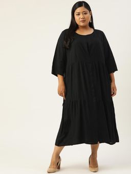 theRebelinme - Plus Size Womens Black Solid Color Layered A-Line Midi Dress
