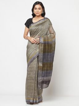 Fabindia - Linen Silk Printed Saree Without Blouse
