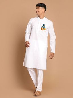 JBN Creation - White Cotton Hanuman Jayanti Print Kurta with Pyjama