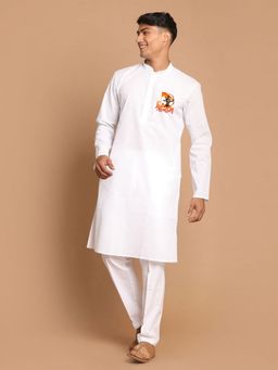 JBN Creation - White Cotton Shri Ram Print Kurta and Pyjama