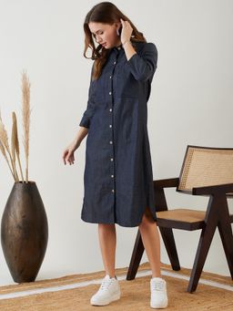 The Kaftan Company - Blue Textured Denim Shirt Dress