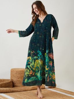 The Kaftan Company - Green Blooming Velvet Lounge Dress