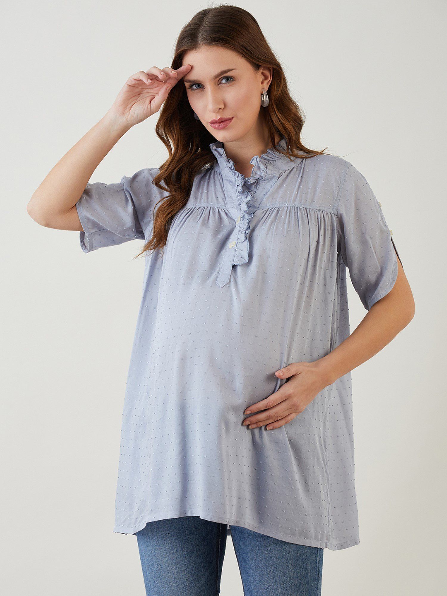 Grey Modal Dobby Ruffle Nursing Top-picture-35