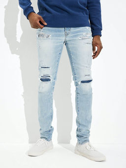 American Eagle - Men Blue Air Flex+ Temp Tech Patched Stacked Skinny Jeans