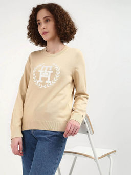 Tommy Hilfiger - Beige Regular Fit Printed Cotton Sweater