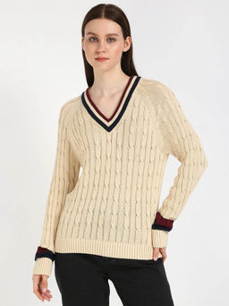 Tommy Hilfiger - Beige Regular Fit Cotton V-Neck Sweater