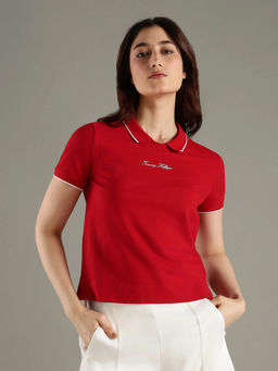Tommy Hilfiger - Red Embroidered Logo Regular Fit Cotton Polo T-Shirt