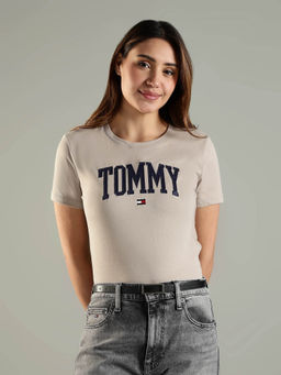 Tommy Hilfiger - Beige Embroidered Logo Regular Fit Cotton T-Shirt