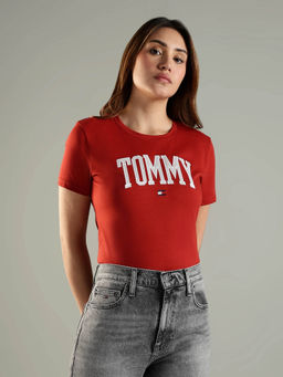Tommy Hilfiger - Red Embroidered Logo Regular Fit Cotton T-Shirt