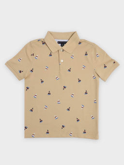 Tommy Hilfiger - Beige Boys Printed Regular Fit Cotton Polo T-Shirt