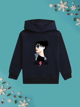Nusyl - Girl Navy Blue Girl Printed Hoodie