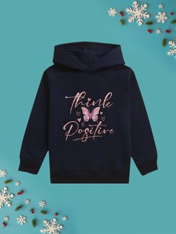Nusyl - Girl Navy Blue Butterfly and Think Positive Text Hoodie