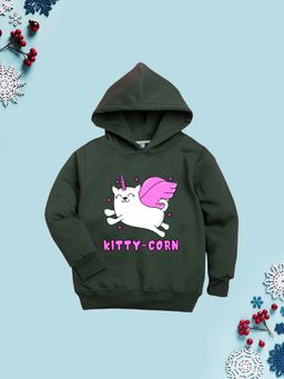 Nusyl - Girl Olive Kitty-Corn Text Printed Hoodie