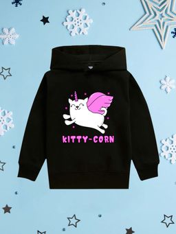 Nusyl - Girl Black Kitty-Corn Text Printed Hoodie
