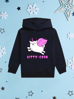 Nusyl - Girl Navy Blue Kitty-Corn Text Printed Hoodie