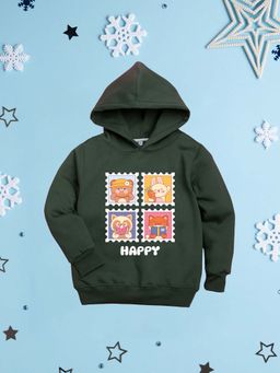 Nusyl - Girl Olive Happy Text Printed Hoodie