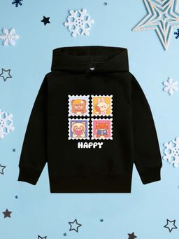 Nusyl - Girl Black Happy Text Printed Hoodie