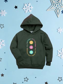 Nusyl - Girl Olive Flowers and Text Printed Hoodie