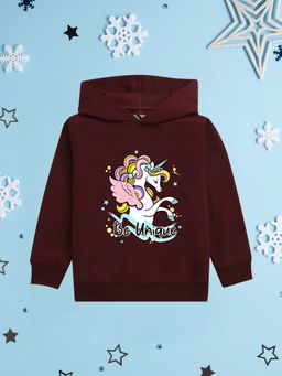 Nusyl - Girl Burgundy Unicorn and Be Unique Text Printed Hoodie