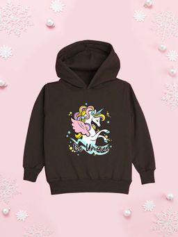 Nusyl - Girl Brown Unicorn and Be Unique Text Printed Hoodie