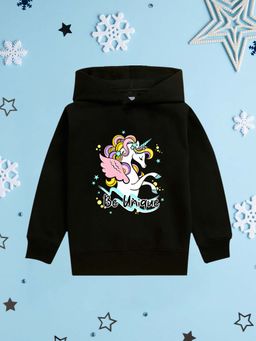 Nusyl - Girl Black Unicorn and Be Unique Text Printed Hoodie
