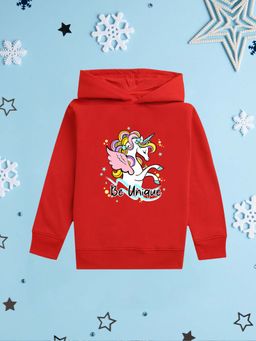 Nusyl - Girl Red Unicorn and Be Unique Text Printed Hoodie