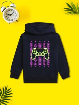 Nusyl - Boy Navy Blue Gamer Text Printed Hoodie