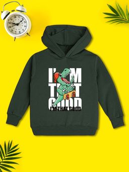 Nusyl - Boy Olive Dinosaur and Text Printed Hoodie