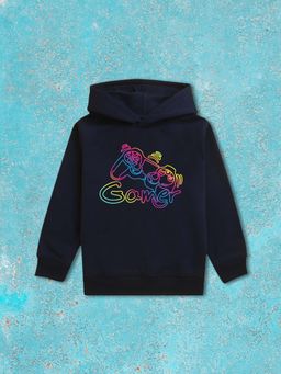 Nusyl - Boy Navy Blue Gamer Graphic and Text Printed Hoodie