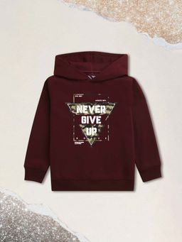 Nusyl - Boy Burgundy Never Give Up Text Printed Hoodie