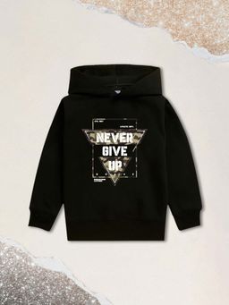 Nusyl - Boy Black Never Give Up Text Printed Hoodie