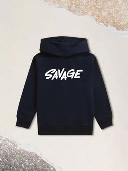 Nusyl - Boy Navy Blue Savage Text Printed Hoodie