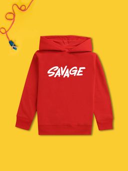Nusyl - Boy Red Savage Text Printed Hoodie