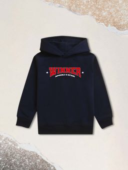 Nusyl - Boy Navy Blue Winner Text Printed Hoodie