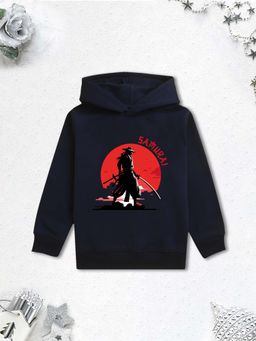 Nusyl - Boy Navy Blue Japanese Samurai Printed Hoodie