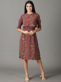 SHOWOFF - Womens Printed High Neck Maroon Knee Length Dress