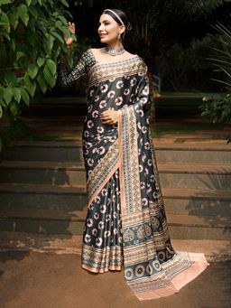 Akhilam - Women Crepe Black Digital Print Designer Saree with Unstitched Blouse