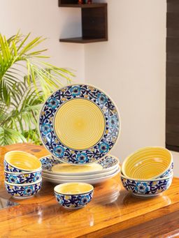 ExclusiveLane - Badamwari Bagheecha' Hand-Painted Ceramic Dinner Plates, Bowls & Katoris (10 Pieces)
